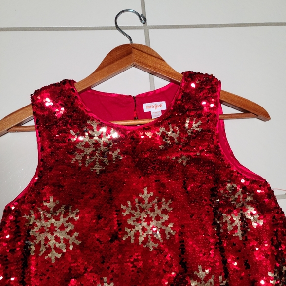 Cat & Jack Bright Red Flip Sequences Christmas Snowflakes XL 14-16 Dress - Picture 4 of 11